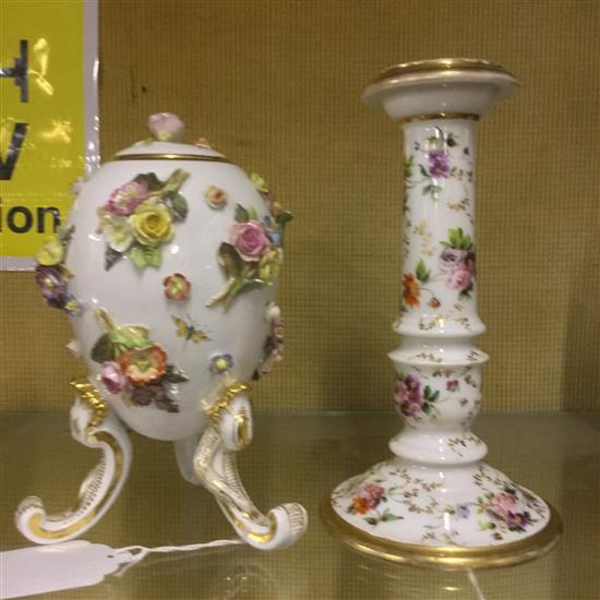 Dresden floral-encrusted egg-shaped box & cover & a Jacob Petit porcelain candlestick